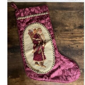 Vintage Wool Needlepoint Christmas Stocking Cross-stitch Santa Claus